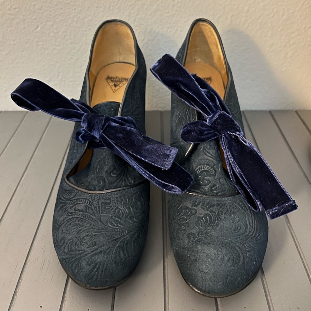 John Fluevog “Elisa-Betta” - Blue Velvet, Scallop Edged Heel, Women’s Size 10